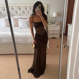Women's Brown Sheer Lace Bodice Draped Long Dress Sexy Spaghetti Strap Party Evening Long Dresses Black Burgundy Wedding Guest