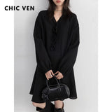 CHIC VEN Women Dresses Loose Casual V-neck Ruffled Long Sleeve Female Long Dress Design A-line Spring Summer 2025