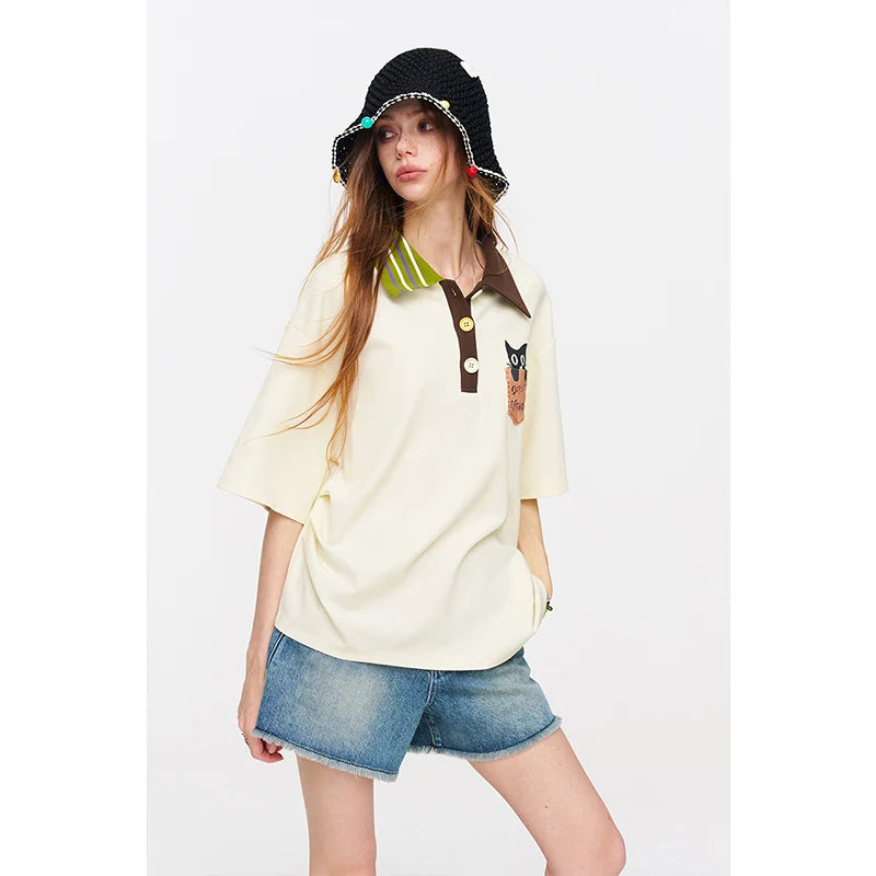 ELFSACK Cat Pocket Polo T-Shirt, Color Block Collar Oversized Tee with Cute Embroidery