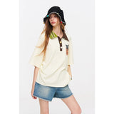ELFSACK Cat Pocket Polo T-Shirt, Color Block Collar Oversized Tee with Cute Embroidery