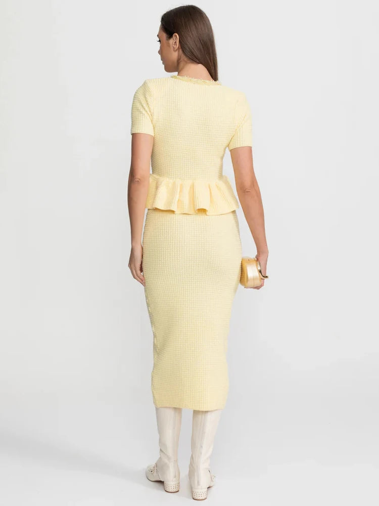 2026 Women New Ruffle Midi Dress V Neck Solid Color Bodycon Office Lady Dresses Short Sleeves 2026 Elegant Party Formal Vestidos