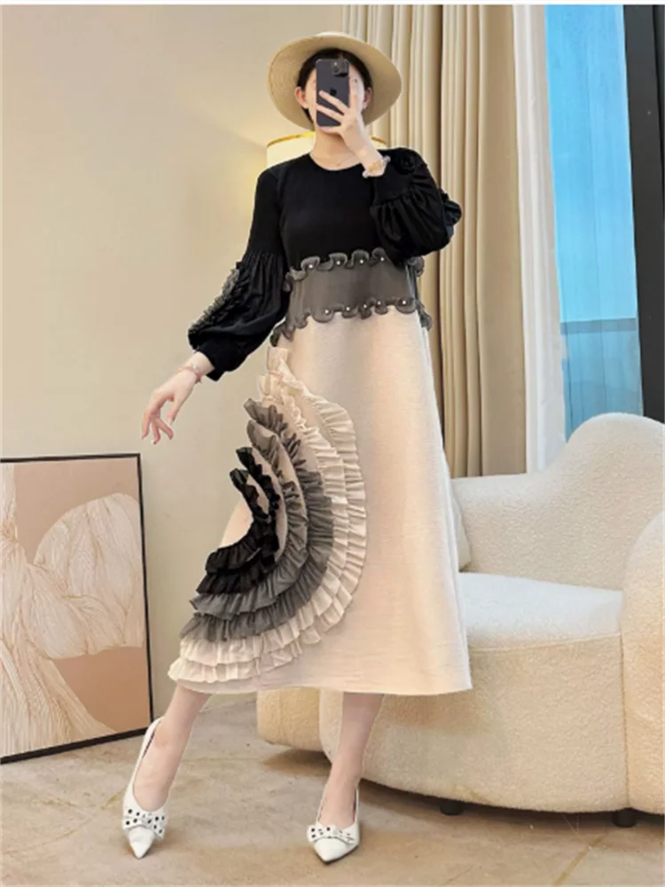 Miyake Tie Flower Design Women's Pleated Dress O-neck Long Sleeve Colorblock Patchwork Chic Beading Loose Famale Clothes