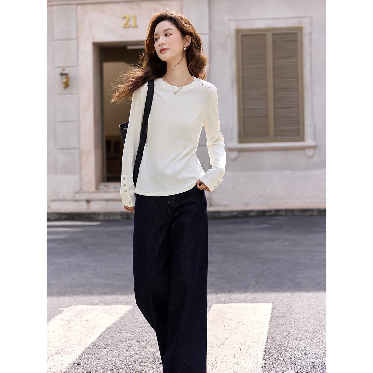 VIMLY White T-shirt Women Basic Minimalist Shell Button Design Long Sleeve Tees 2026 Fall Daily Causal Crew Neck T-shirts A3912