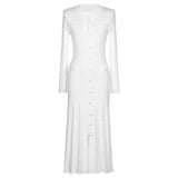 Three Colors High-quality New Elastic Knitted Fabric Hollowed Out Single Breasted Round Neck Long Sleeved Slim Fit Women Dress