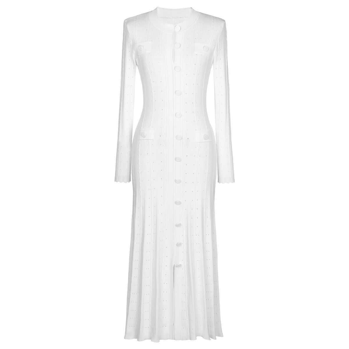 Three Colors High-quality New Elastic Knitted Fabric Hollowed Out Single Breasted Round Neck Long Sleeved Slim Fit Women Dress
