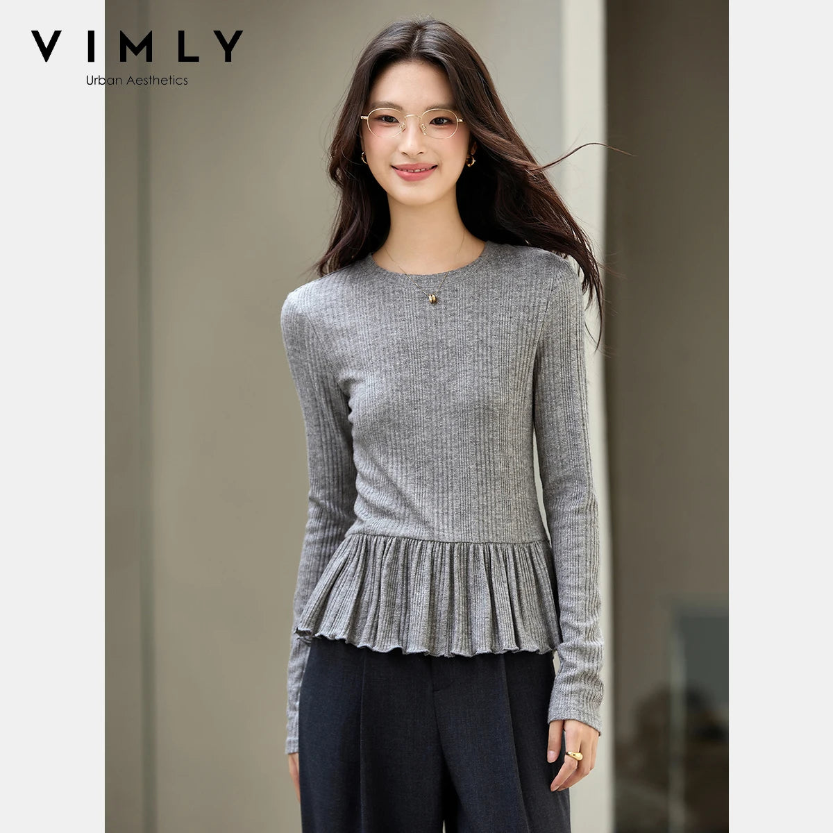 VIMLY Women's Gray Knitted T-shirts Casual Ruffled Hem Long Sleeve Ladies Tops Autumn 2026 Round Neck Slim Fit Female Tees A3092