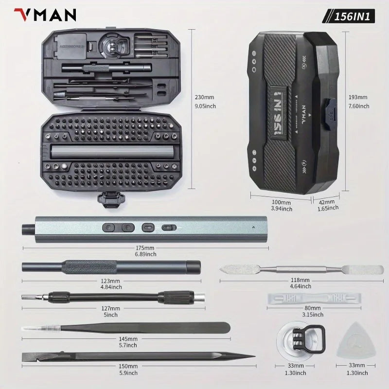VMAN 156in1 Mini Electric Screwdriver Set Precision Repair Tools Magnetic Phillips Screw Driver Bits for iPhone PC Watch Camera