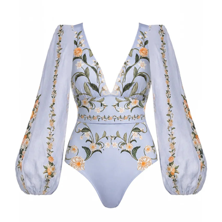 Flaxmaker Women Swimsuit Sets Summer V Neck Long Sleeves Printed Beachwear Women Brazilian Swimwear 2026 Biquini conjunto de