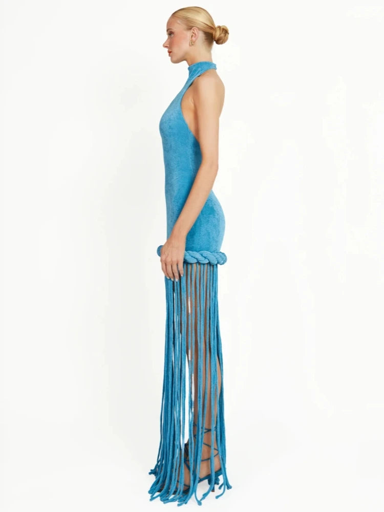Sexy Halter Neck Patchwork Twist Knot Tassels Long Dress Women Blue Velvet Sleeveless Backless Dresses Evening Party Cocktail