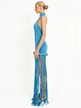 Sexy Halter Neck Patchwork Twist Knot Tassels Long Dress Women Blue Velvet Sleeveless Backless Dresses Evening Party Cocktail