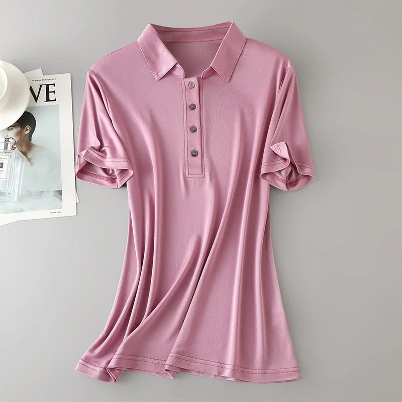 Birdtree, 23% Real Silk 77% Viscose Solid T Shirt, Lapel Loose Soft Tops, Women's Short Sleeve Shirt, 2026 New Clothes T61033JF