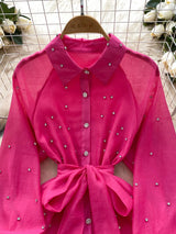 French Diamond Studded Ruffle Edge Dress for Women in Spring Autumn with Straps Long Sleeves Cinching A Fluffy Party Dress C200