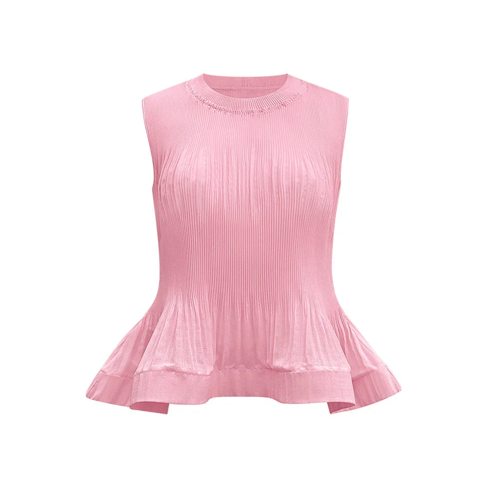 Pleated T-Shirt Top 2026 Summer New Ruffled Sleeveless Vest Simple Elegant Fashion Cake Skirt Elegant Women Travel Outfit