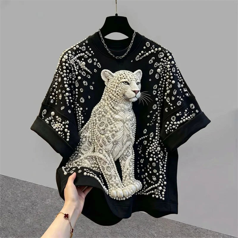 Summer Autumn Fashion Heavy Industry Nail Bead Jellyfish Embroidery T-shirt Women Tshirt Blouse Loose Short Sleeved Top Female