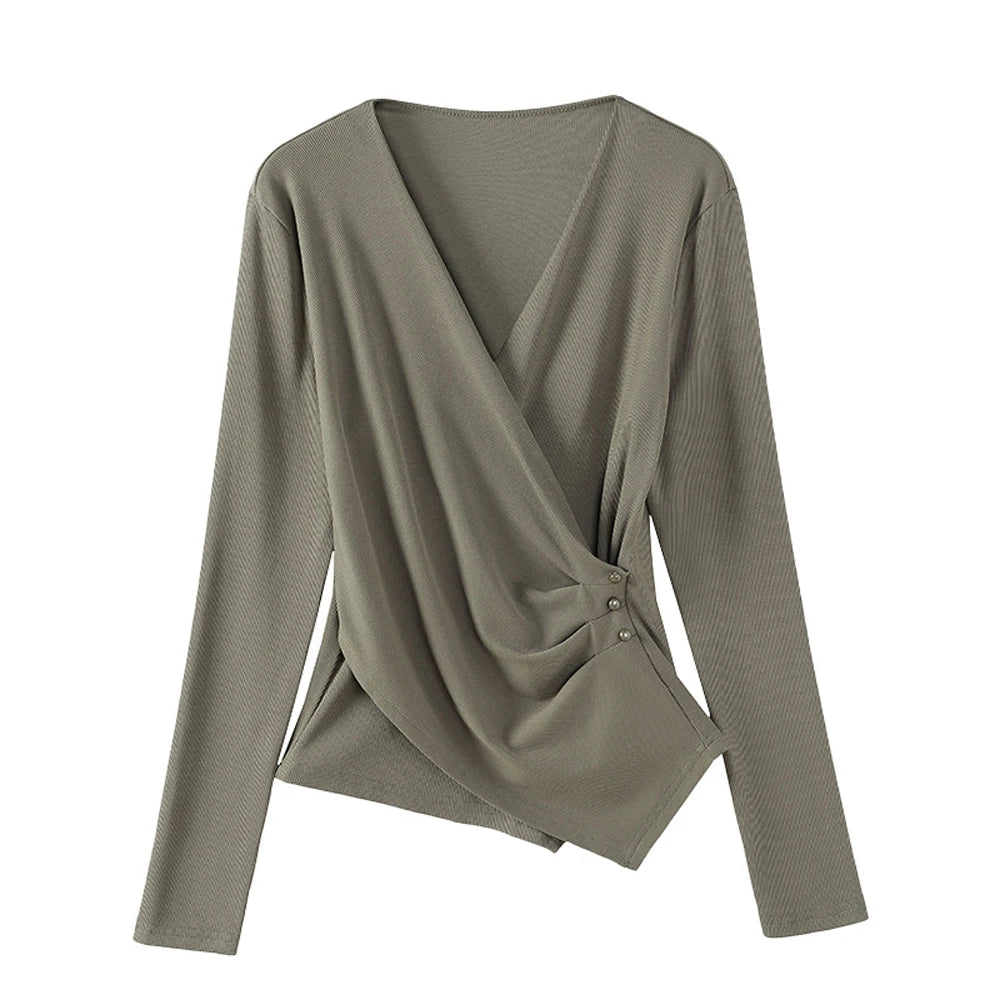 European gray long sleeved T-shirt for women's autumn new high-end fashion plus size irregular V-neck casual top