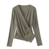 European gray long sleeved T-shirt for women's autumn new high-end fashion plus size irregular V-neck casual top