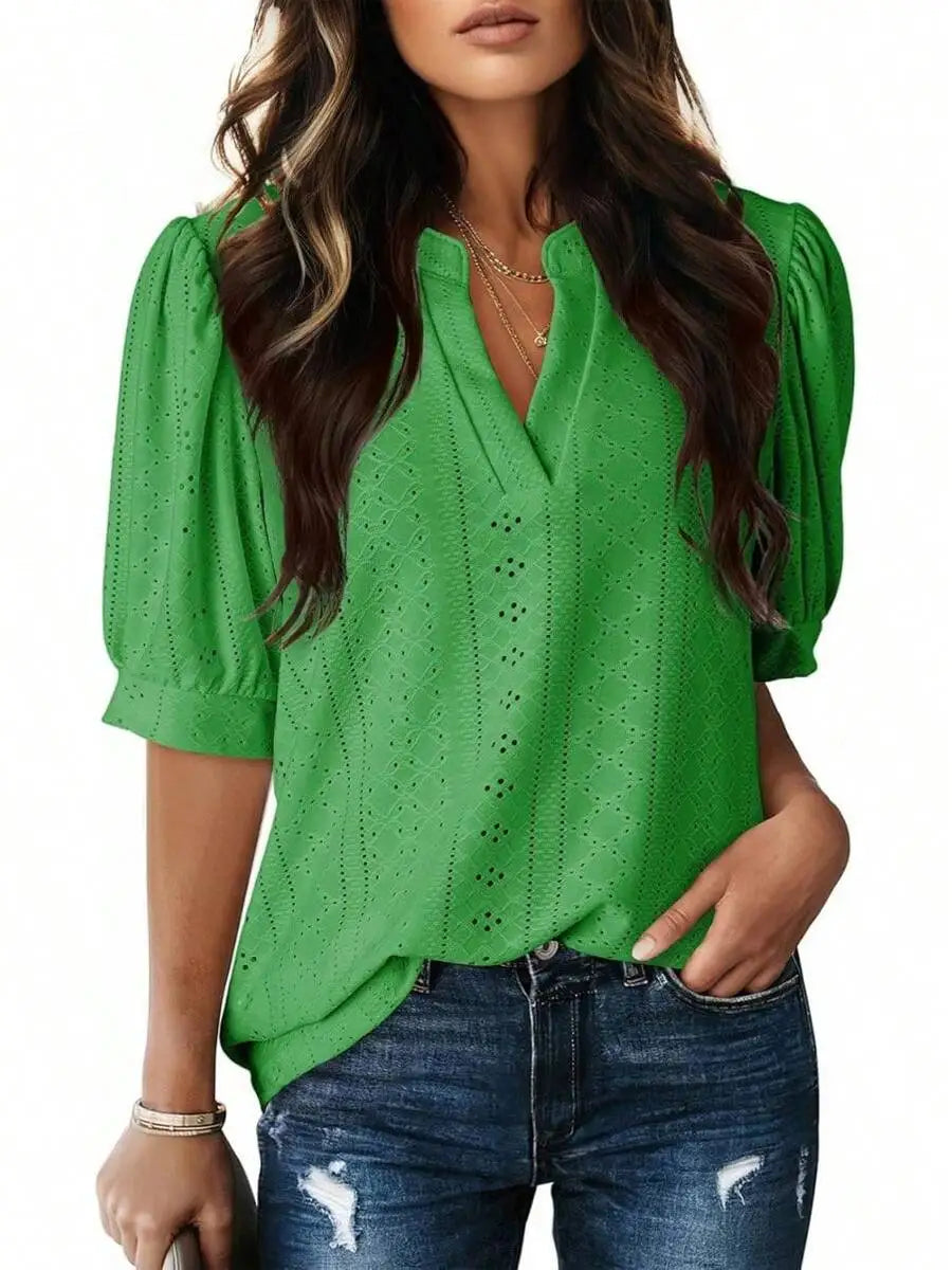 Womens Summer Casual V-Neck Short Sleeve Hollow Out Top