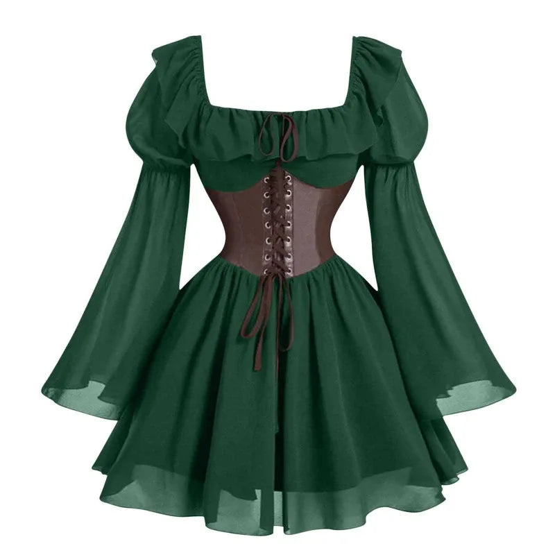 Renaissance Period Medieval New Long Sleeved Women's Bubble Sleeve Dress Halloween Fashion Retro New Party Waist Cinched Skirt