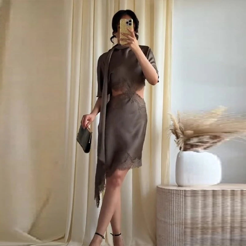 Sophisticated Sexy Mini Dress Satin Lace Trim Cutout Women Scarf Gowns Office Casual Chic Female Refined Stylish Outfits