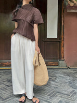 Miyake Pleated Summer New Asymmetrical Lapel Short-sleeved T-shirt