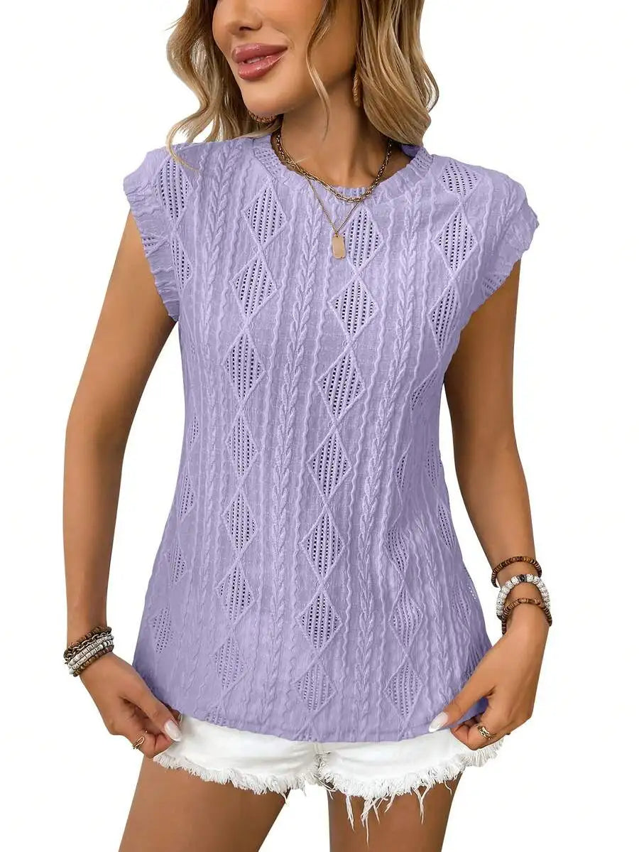 Women Sleeveless Knit Top With Ruffle Cap Sleeve Hollow Out Casual Summer Blouse
