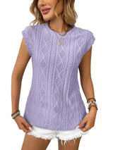 Women Sleeveless Knit Top With Ruffle Cap Sleeve Hollow Out Casual Summer Blouse