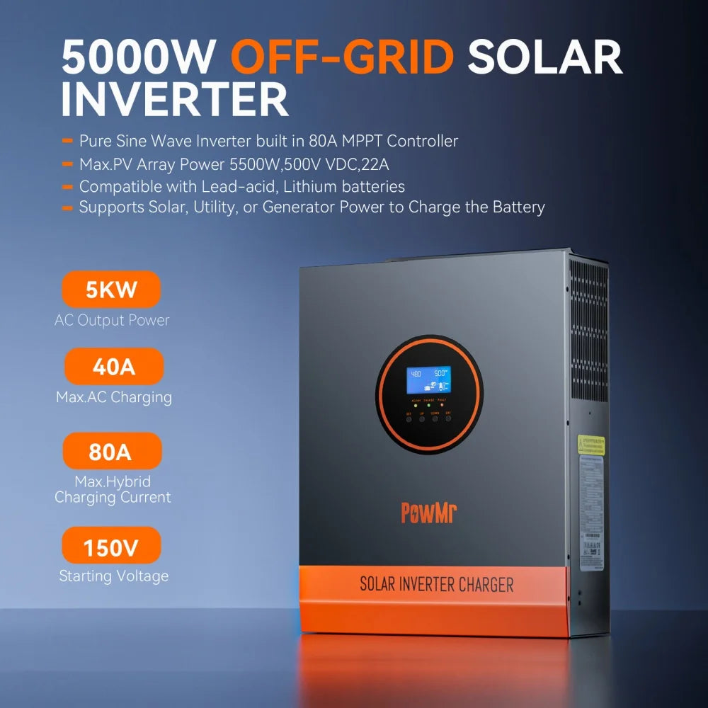 PowMr 5KW 48V to110V Hybrid Solar Inverter Max PV 500V with 80A MPPT Charger Controller Pure Sine Inverter for Lithium Battery