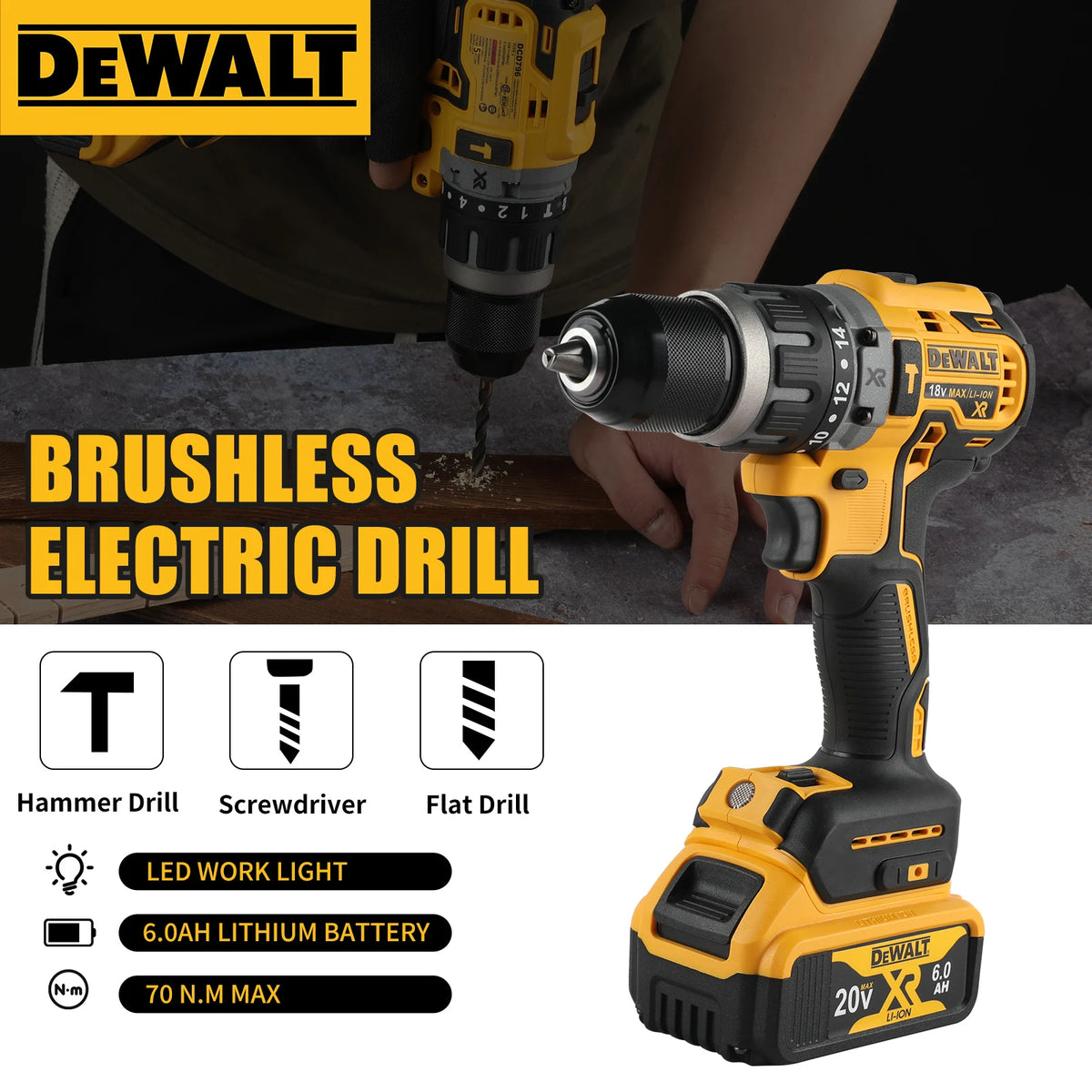 Dewalt DCD796 Cordless Brushless Impact Drill Brushless Drill Multifunctional Rechargeable Portable 20V Battery Power Tools