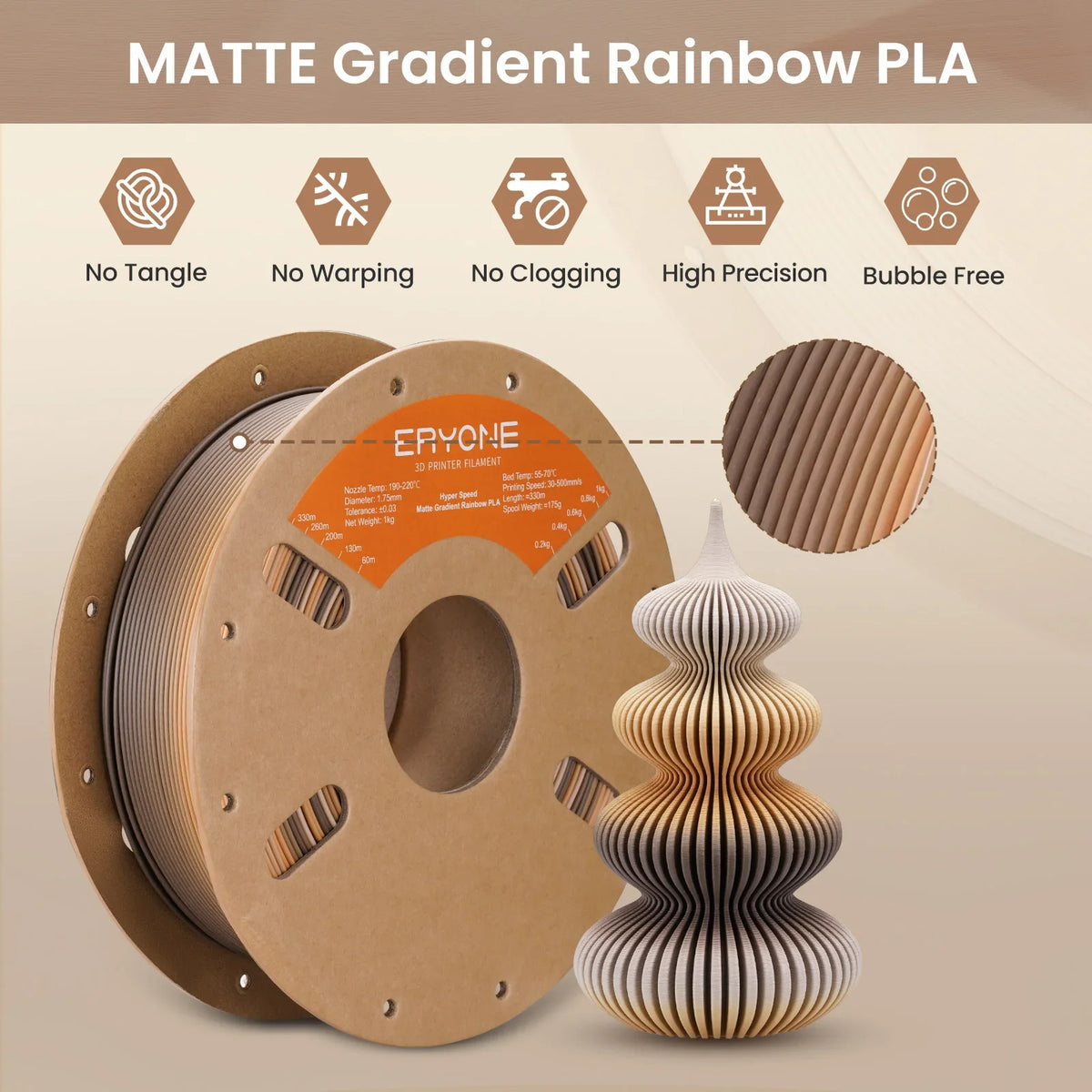 ERYONE 5KG Hyper Speed Matte Gradient Rainbow PLA Filament 1.75mm 3D Print,Max Print Speed:500mm/s,Multicolor,1KG/Spool