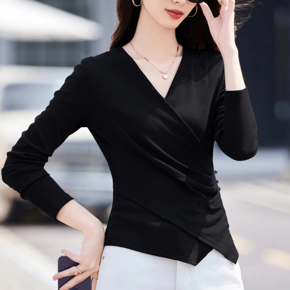 European gray long sleeved T-shirt for women's autumn new high-end fashion plus size irregular V-neck casual top