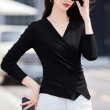 European gray long sleeved T-shirt for women's autumn new high-end fashion plus size irregular V-neck casual top