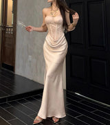 Pink Satin Patchwork Elegant Trumpet Dress Women Off The Shoulder Vintage Clothing Lady Birthday Party Chic Vestidos Bodycon