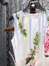 Top Quality New Long Dress 2026 Summer Style Women Sweet Floral Blue Striped Print Sleeveless Long Maxi Party Luxury Dress Belt