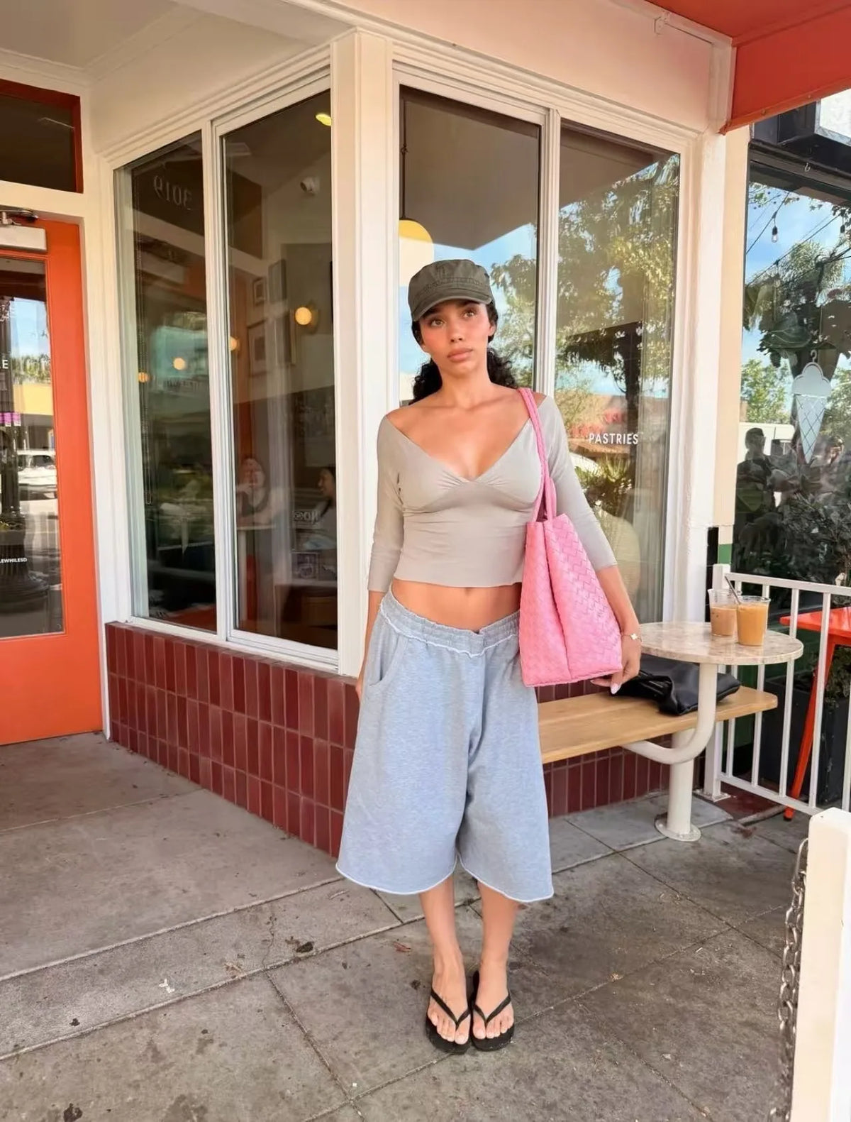 With Jean V-Neck Pleated Mid-Sleeve Top, High-Waisted Pleated Slit Midi Skirt, Slim-Fit Drapey Hot Girl Style Bodycon Skirt