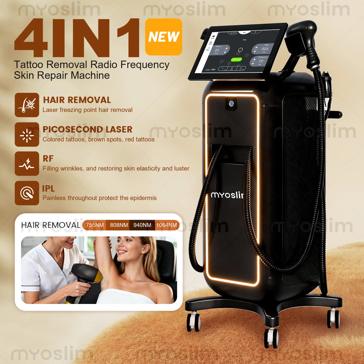 4 in 1 Beauty Machine 808nm Laser Hair Removal IPL Freckle Removal RF Skin Tightening Picosecond Tattoo Removal Multi-Wavelength
