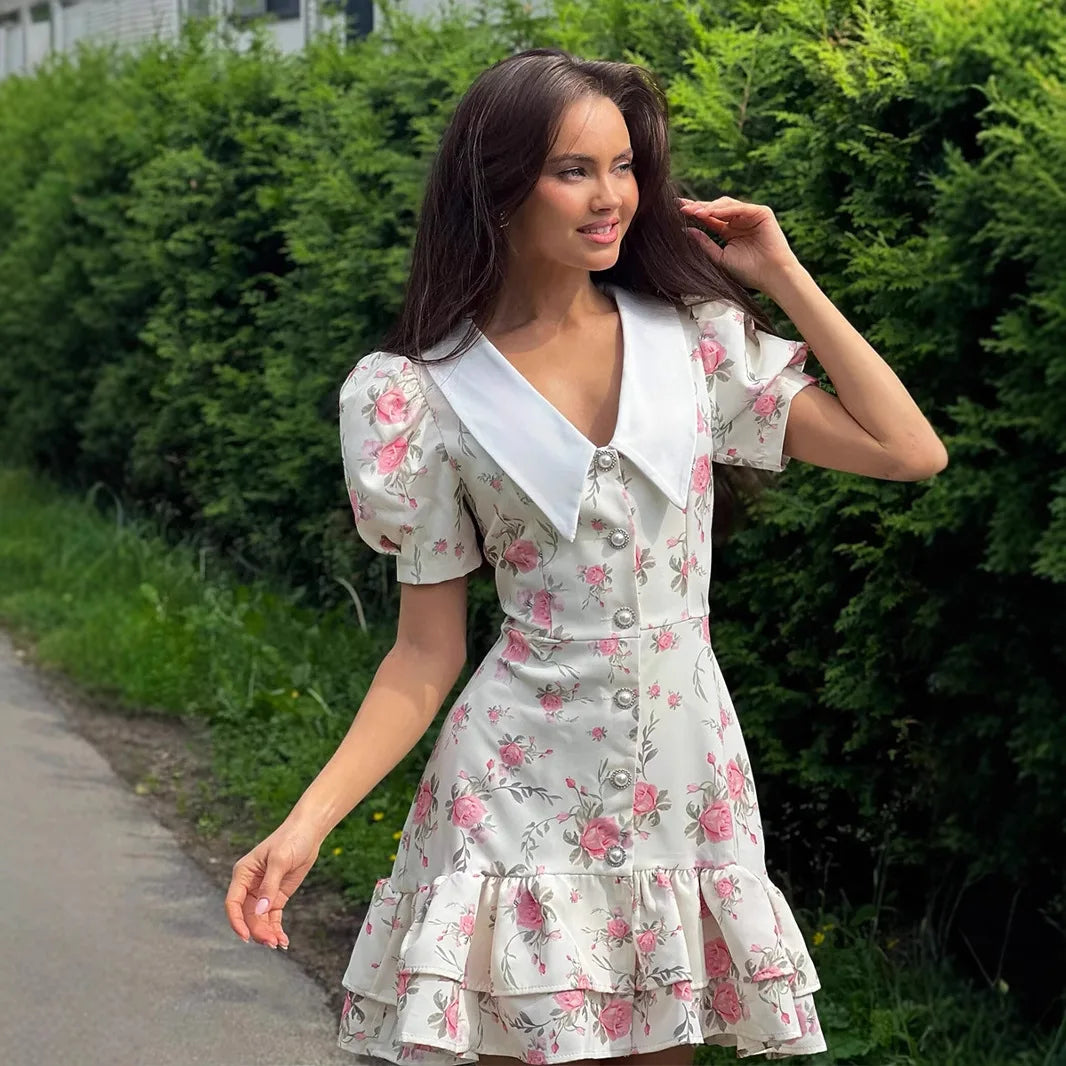 Original Light Luxury V-neck Bubble Sleeve Chiffon Dress Spring and Summer Women's Sweet Slim Commuting Vacation Leisure Dress