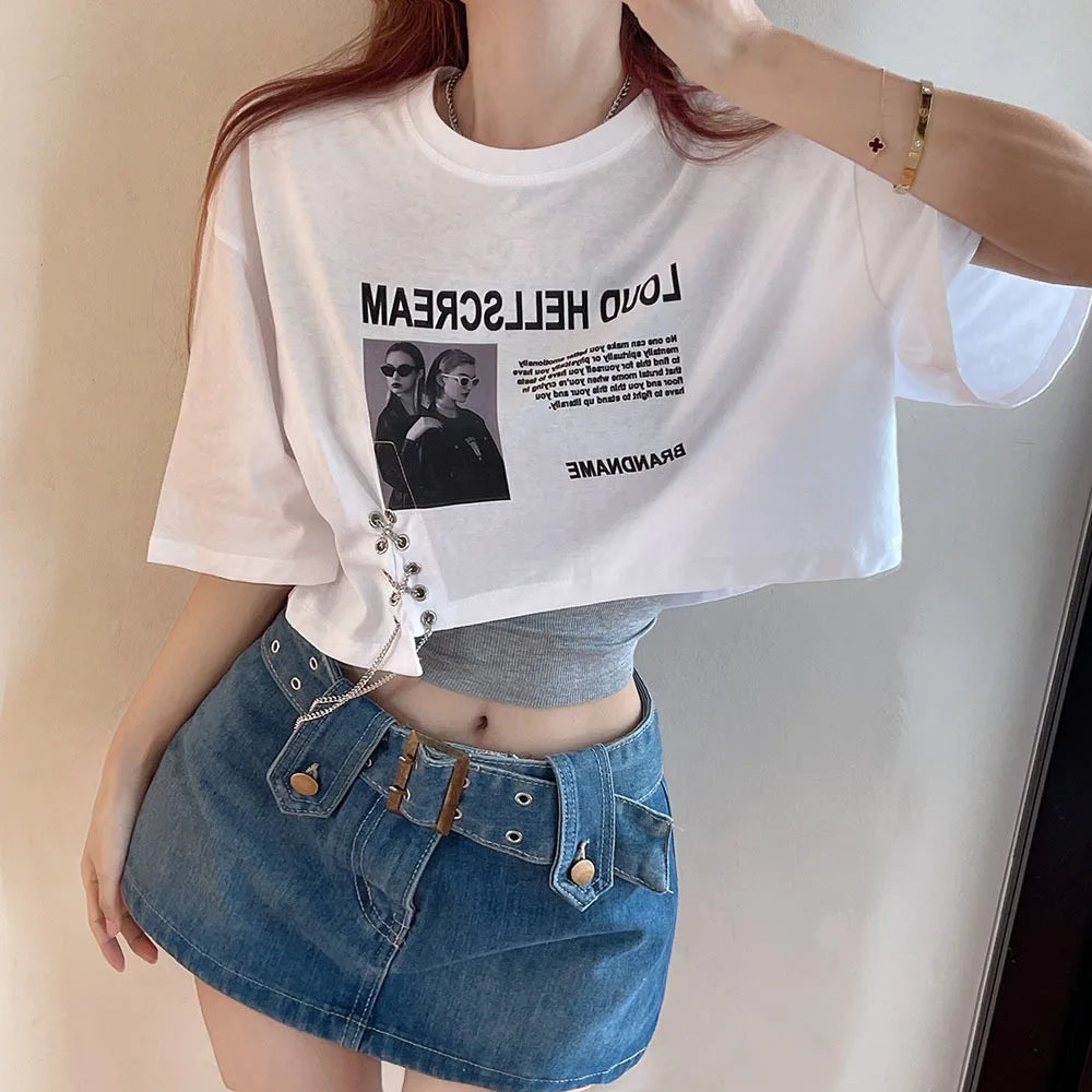 Summer New Letter Print T-shirt Women's Loose Open Navel Short Sleeve Hot Girls Crop Top Street Chic Female Chain Retro Tees Y2k