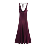 HH Women's Solid Vacation Style Satin Texture Backless V-neck Midi Dress Summer Female Elegant Sexy Lace-up Strap Dress