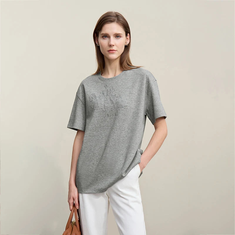 Amii Women's T-Shirt 2026 Summer New Round Neck Drop Shoulder Cotton Tee Lace Embroidered Woman Loose Fit Knit Tops 12622048