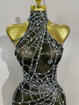 STOCK Sparkly Diamond Sexy Mesh Asymmetric Bodycon Mini Dress Women Nightclub Bar Party Show Gogo Dancer Clothing Stage Costume