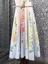 Top Quality New Long Dress 2026 Summer Style Women Sweet Floral Blue Striped Print Sleeveless Long Maxi Party Luxury Dress Belt