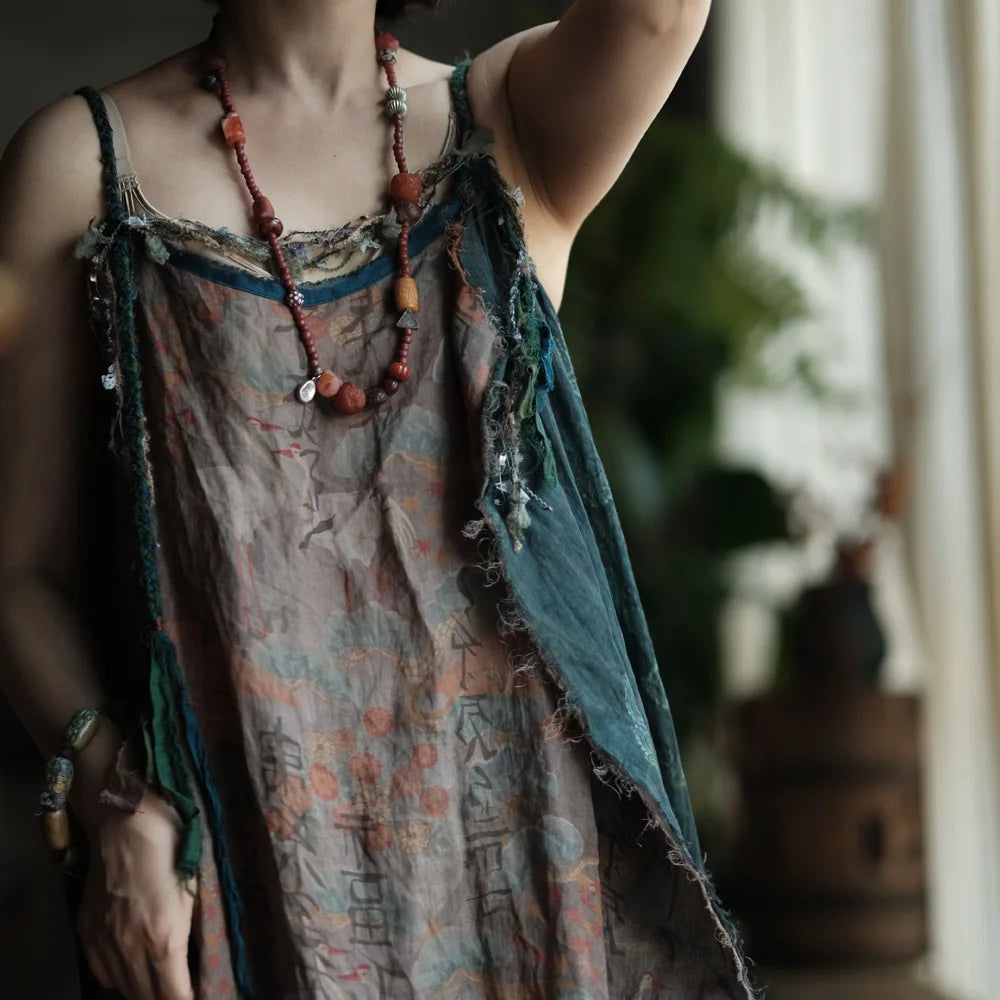 Johnature Women Vintage Ramie Patchwork Dress 2025 Summer New High Quality Print Floral Sleeveless Spaghetti Strap Female Dress