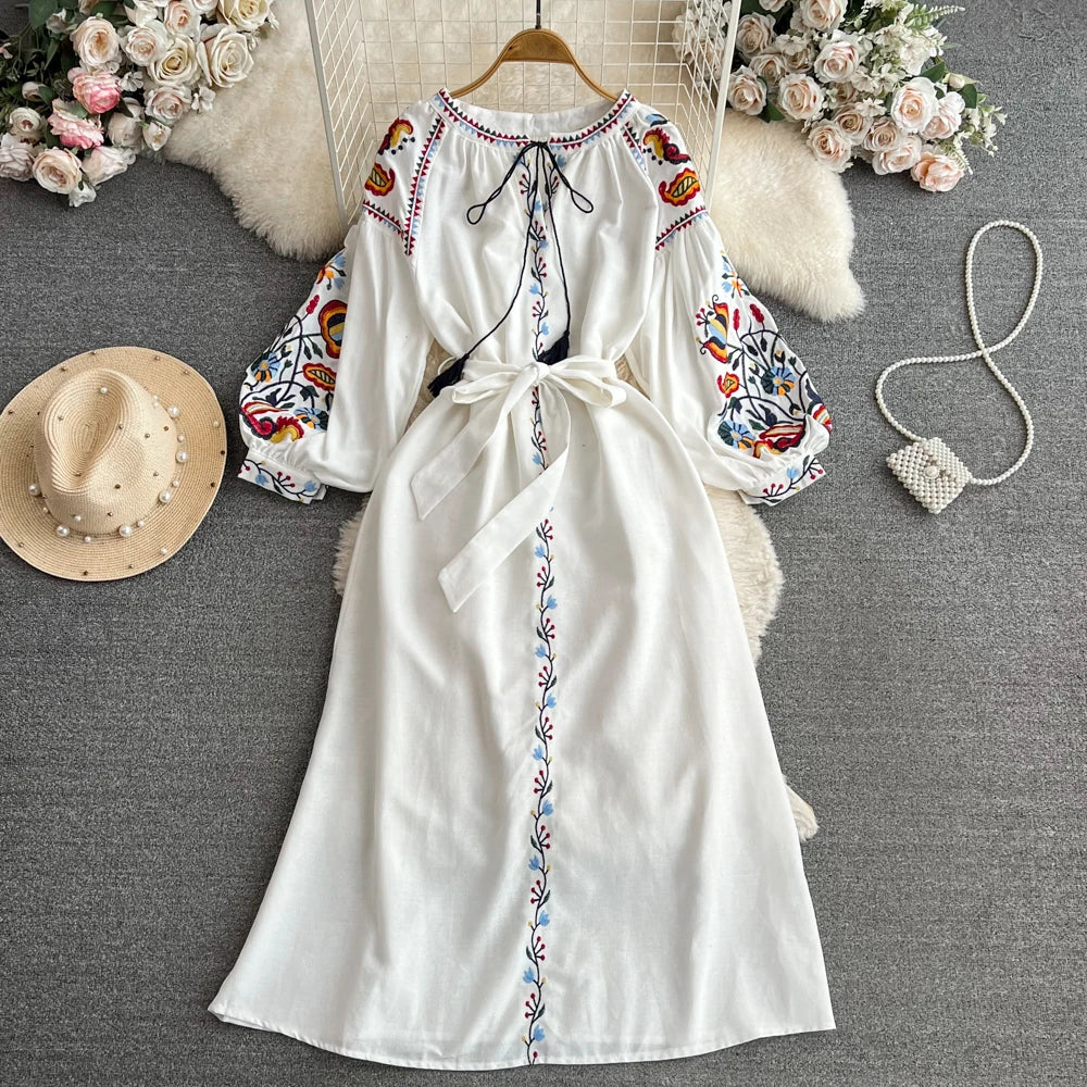 Retro Ethnic Sle Long Sve Embroidered round Ne A-Line Cotton Linen Dr Slimming Waist Cinched Ele Long Dr