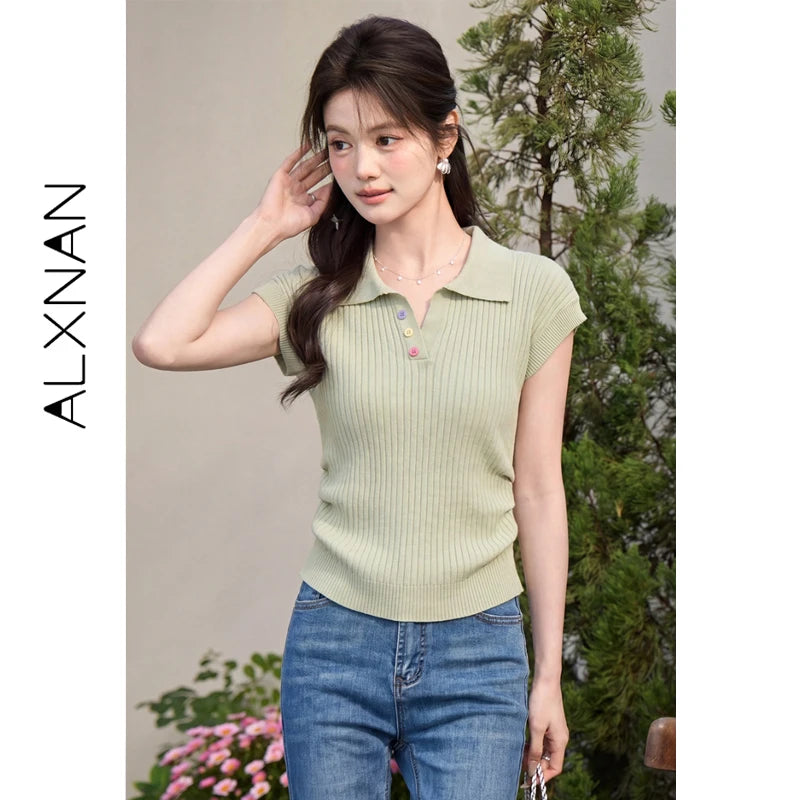ALXNAN Women's T-shirt Lapel Elegant Casual Knitted Short Sleeve T-shirts 2026 Summer Loose-fit Waist Ruched Tops Female L56365