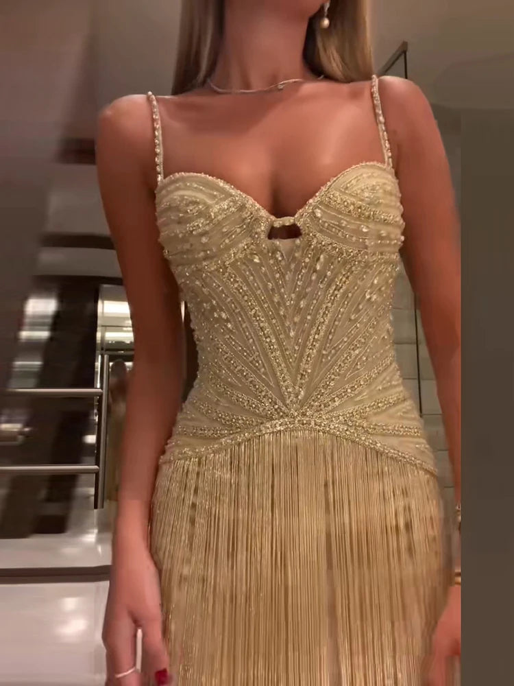 Fashion Backless Slim Fit Evening Gown Shiny Sequined High Waist Women Long Dress Sexy Wrap Chest Sleeveless Hollow Tassel Dress