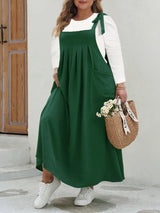 GIBSIE Plus Size Solid Tie Shoulder Overalls Dress For Women 2026 Summer Casual Loose Sleeveless Maxi Long Dresses with Pockets