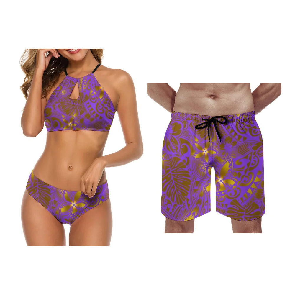 Summer Custom Wholesale Polynesian Couple Swimsuit Sets Collar-Necked Tie-On Design Women'S Beach Bikinis Men'S Beach Shorts