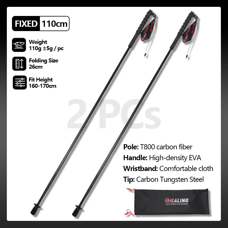 Local+ 2PCs Carbon Fiber Foldable 5-Sections Ultra-Light 110g Trekking Poles Walking Cane, 110/120/130cm Fixed Length Hiking Sticks for Outdoor Camping, City Running, Travel, Men Women Lightweight Portable Gear Caron Fiber Black Tech