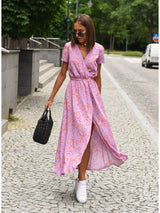 Printed Dress 2025 Summer V-neck Split Fork Medium and Long Group European and American Cross-border Women's Clothing