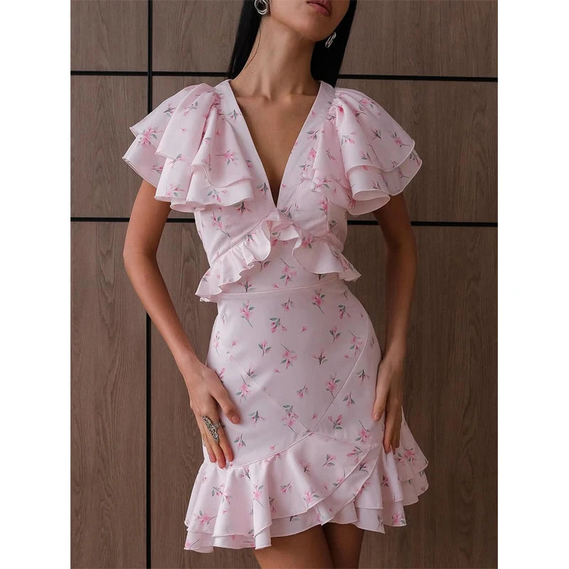 Women Floral Printed V-neck Mini Dress Fashion Half Sleeve High Waist Ruffle Slim Dresses 2026 Summer Elegant Lady Vacation Wear